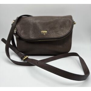 Fossil Brown Pebbled Leather Flap Crossbody Bag Adjustable Strap Brass Hardware